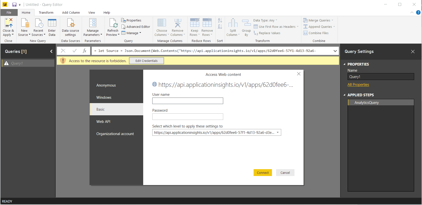 Connect Application Insights with PowerBI using Application Insights Query