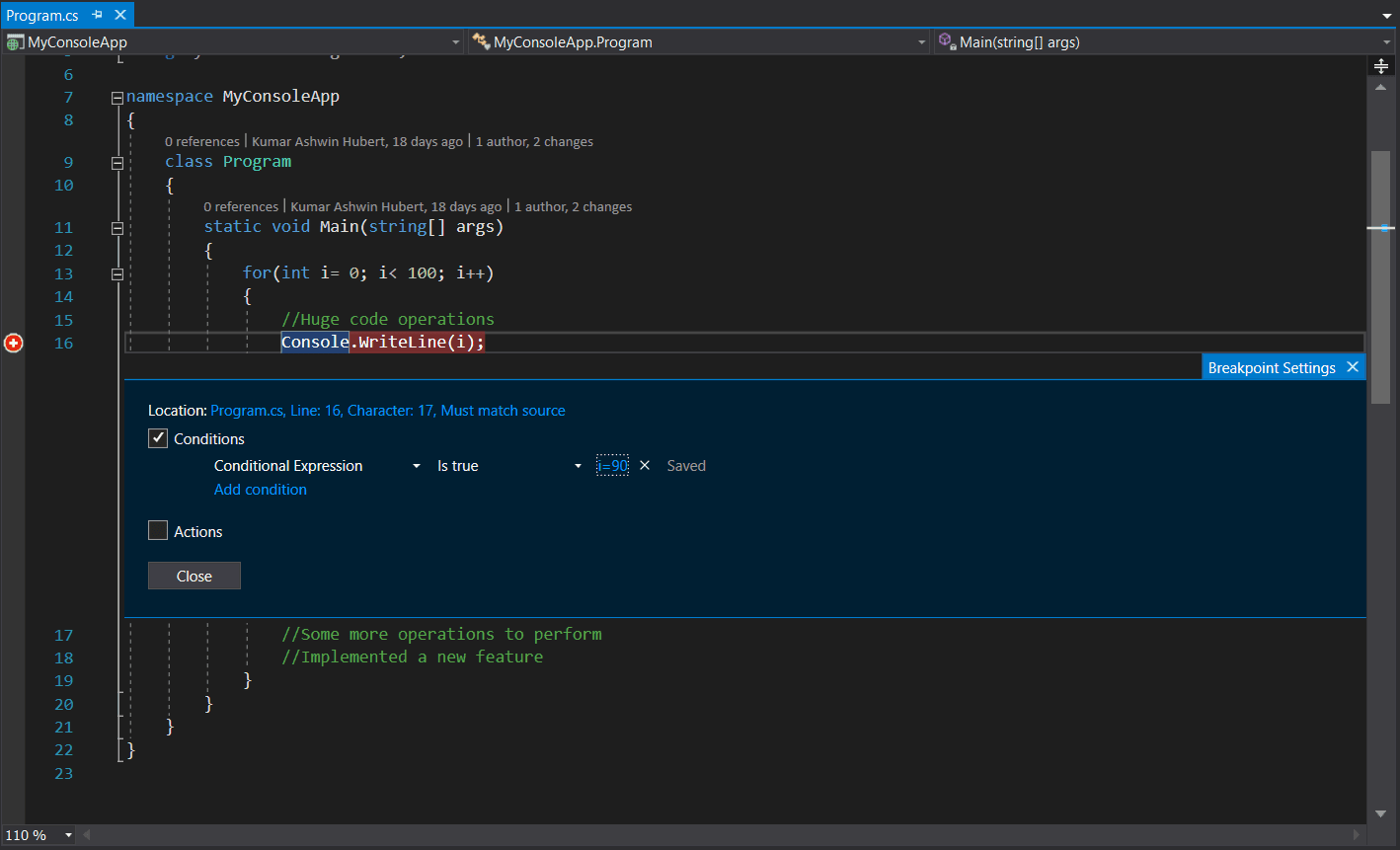 Conditional breakpoint in Visual Studio
