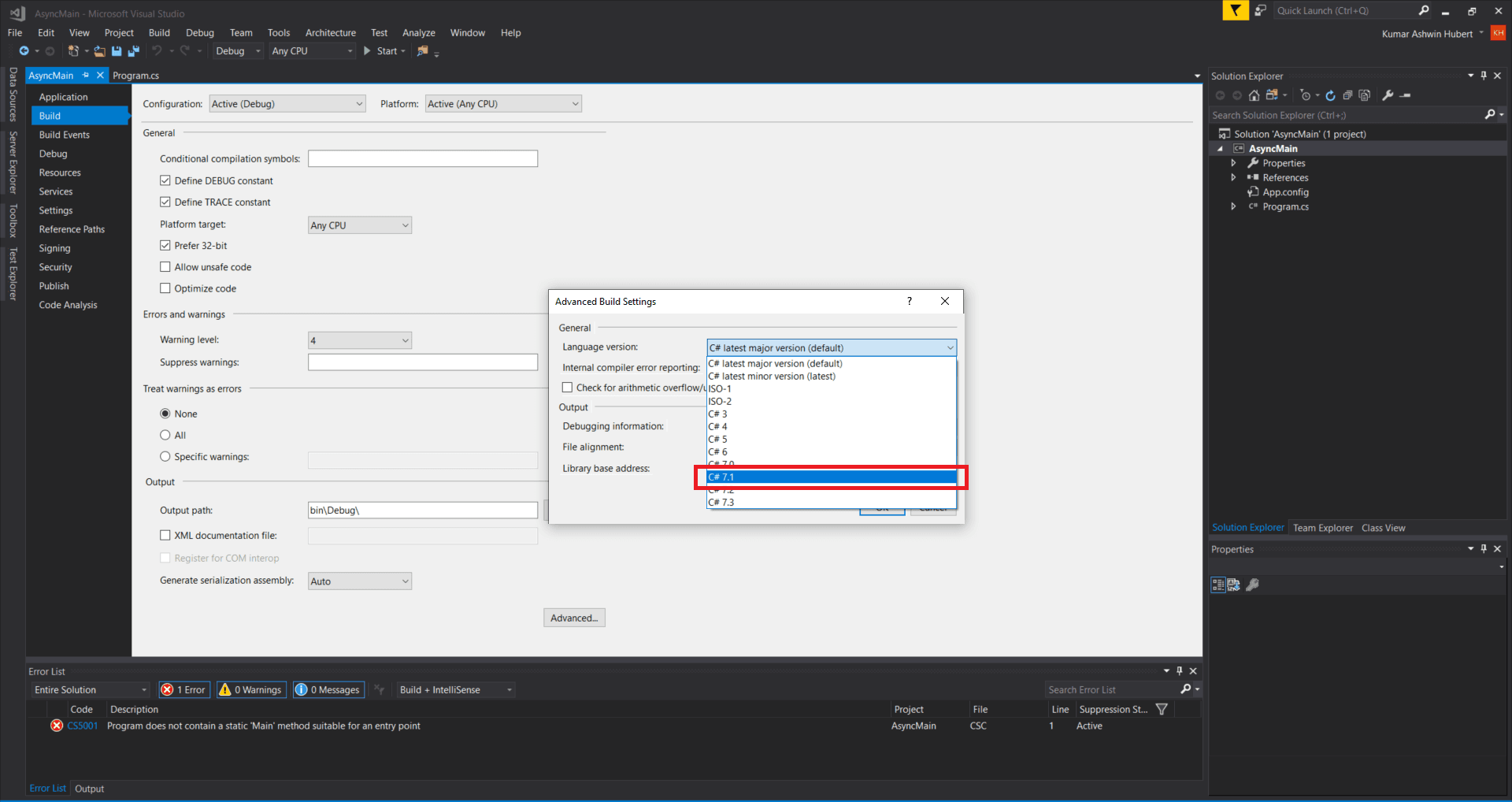 Async Main in Console App Visual Studio